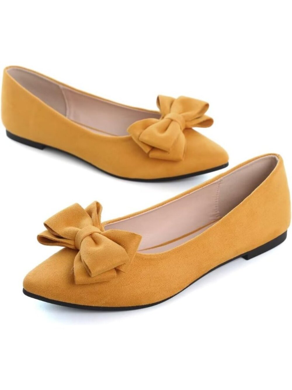 Women's H Yellow Suede Fashion Bowknot Flats Comfort Pointed Toe Dressy Shoes - Picture 2 of 7